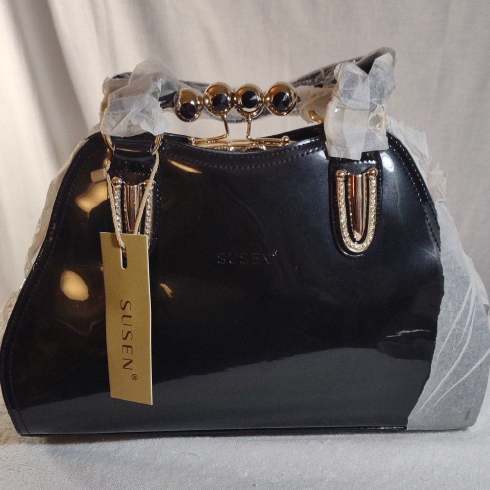 NWT Susen Glossy Black Satchel/ Shoulder Bag w/Metallic Chain Handles